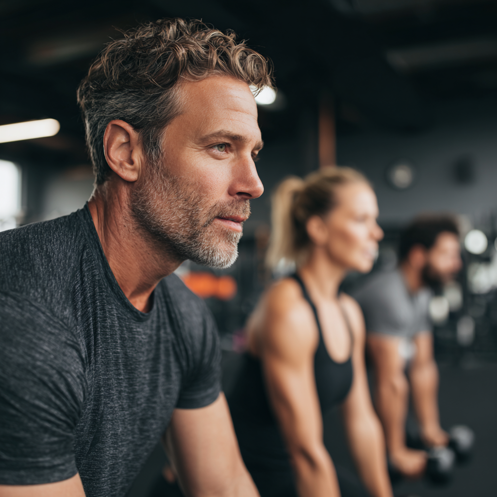 Middle-aged adults exercising with professional trainer in modern fitness facility