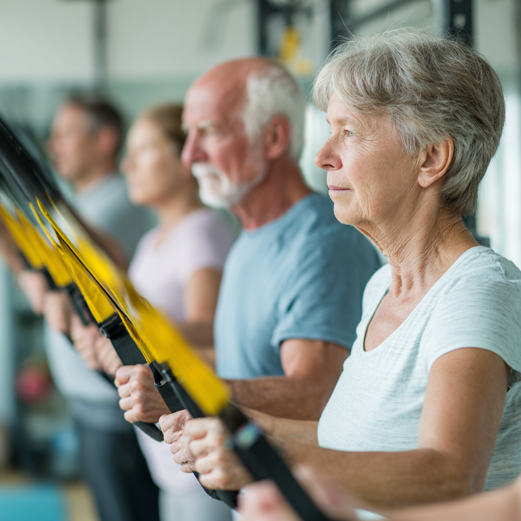 Senior adults doing functional training exercises in bright fitness studio